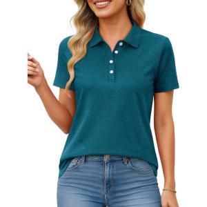 imageMAGCOMSEN Womens Polo Shirts UPF 50 Sun Protection 4 Buttons Casual Work Quick Dry Short Sleeve Collared Golf ShirtPeacock Blue