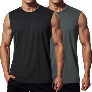 imageMAGCOMSEN 2 Pack Mens UPF 80 Tank Tops Quick Dry Workout Gym Sleeveless Muscle Shirts Cooling Summer Beach Swim ShirtBlackGray