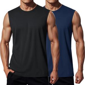 imageMAGCOMSEN 2 Pack Mens UPF 80 Tank Tops Quick Dry Workout Gym Sleeveless Muscle Shirts Cooling Summer Beach Swim ShirtBlackNavy