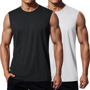imageMAGCOMSEN 2 Pack Mens UPF 80 Tank Tops Quick Dry Workout Gym Sleeveless Muscle Shirts Cooling Summer Beach Swim ShirtBlackWhite