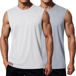 imageMAGCOMSEN 2 Pack Mens UPF 80 Tank Tops Quick Dry Workout Gym Sleeveless Muscle Shirts Cooling Summer Beach Swim ShirtLightgrayWhite