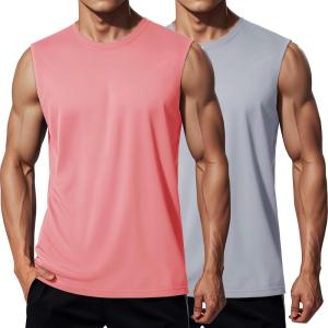 imageMAGCOMSEN 2 Pack Mens UPF 80 Tank Tops Quick Dry Workout Gym Sleeveless Muscle Shirts Cooling Summer Beach Swim ShirtPinkLightgray