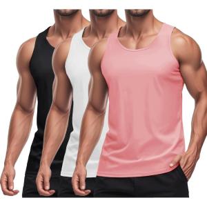 imageMAGCOMSEN 3 Pack Mens UPF 50 Tank Top Quick Dry Summer Workout Muscle Sleeveless Shirts for Swim Beach BodybuildingBlackWhitePink