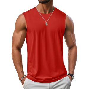 imageMAGCOMSEN Mens Tank Top UPF 50 Sleeveless Shirts Gym Workout Muscle Shirt Cotton Lightweight Cooling Summer Tank Top for Swim Tomato Red XL