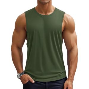 imageMAGCOMSEN Mens UPF 50 Tank Top Quick Dry Summer Workout Muscle Sleeveless Shirts for Swim Beach BodybuildingArmy Green