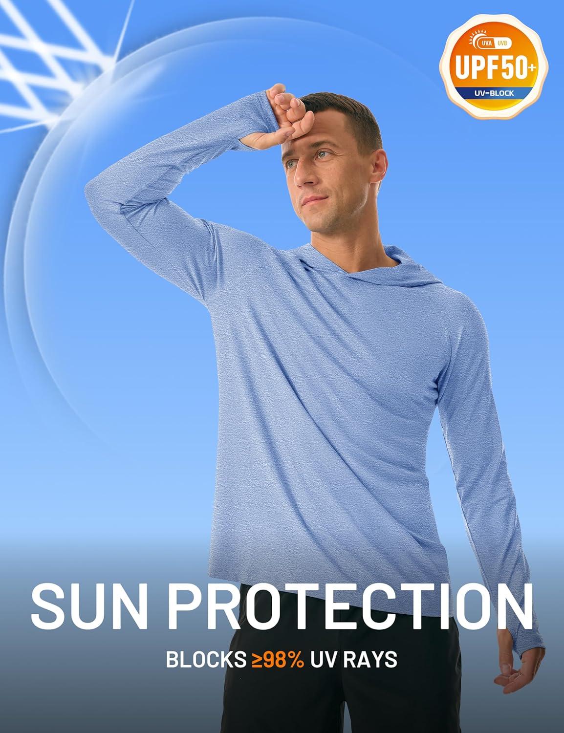 imageMAGCOMSEN Mens Hooded UPF 50 Sun Protection T Shirts Long Sleeve Athletic Fishing Shirts Rash GuardsLight Blue