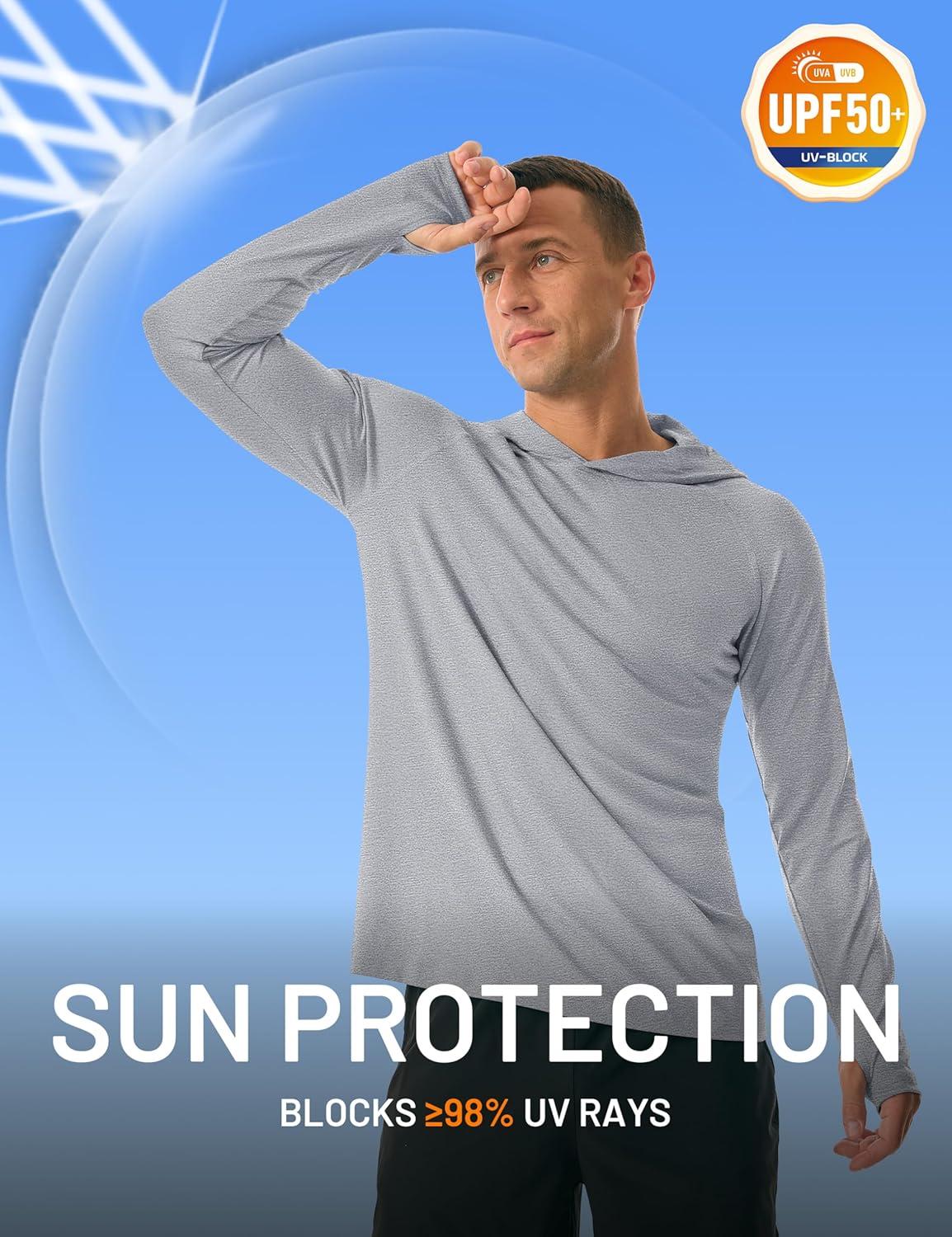 imageMAGCOMSEN Mens Hooded UPF 50 Sun Protection T Shirts Long Sleeve Athletic Fishing Shirts Rash GuardsLight Grey