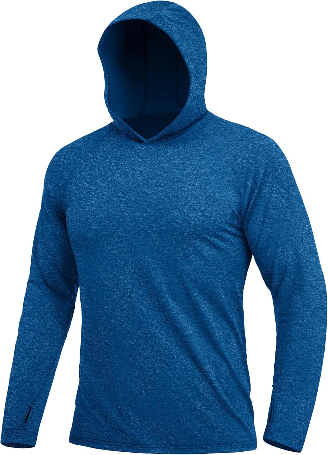 imageMAGCOMSEN Mens Hooded UPF 50 Sun Protection T Shirts Long Sleeve Athletic Fishing Shirts Rash GuardsMiddle Blue
