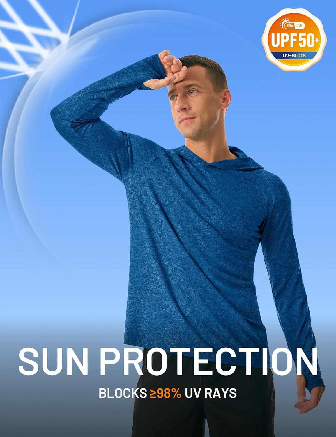 imageMAGCOMSEN Mens Hooded UPF 50 Sun Protection T Shirts Long Sleeve Athletic Fishing Shirts Rash GuardsMiddle Blue