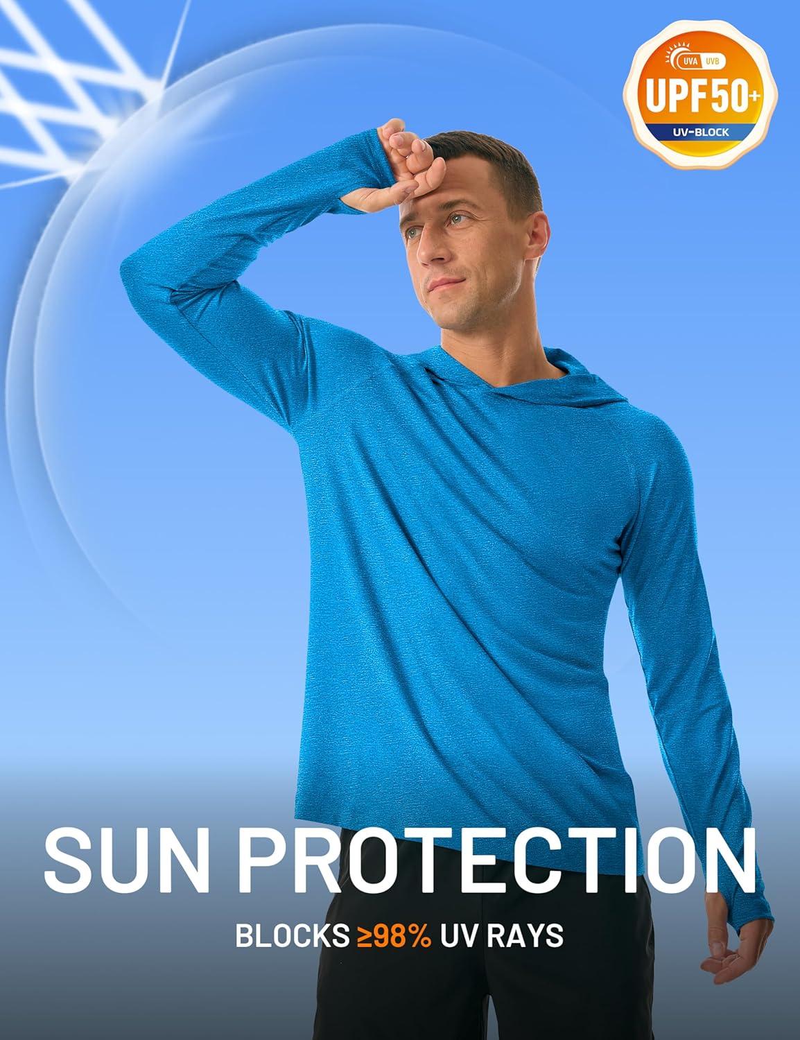 imageMAGCOMSEN Mens Hooded UPF 50 Sun Protection T Shirts Long Sleeve Athletic Fishing Shirts Rash GuardsSea Blue