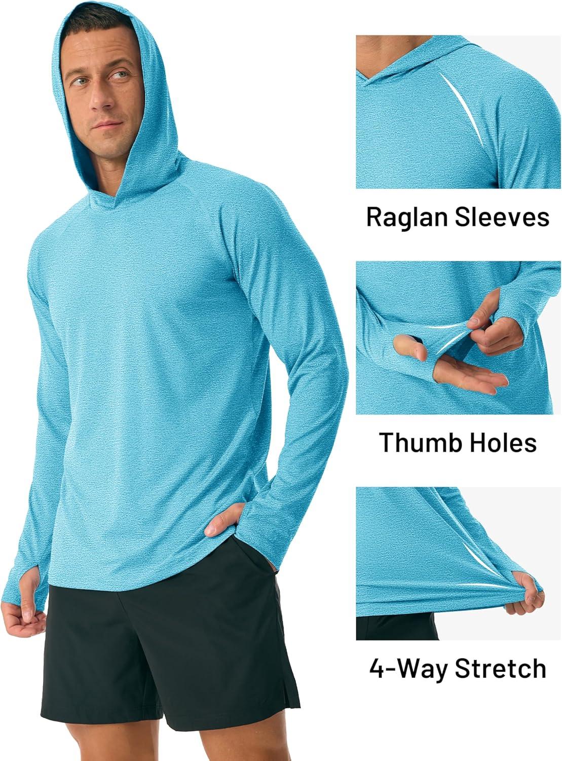 imageMAGCOMSEN Mens Hooded UPF 50 Sun Protection T Shirts Long Sleeve Athletic Fishing Shirts Rash GuardsWater Blue