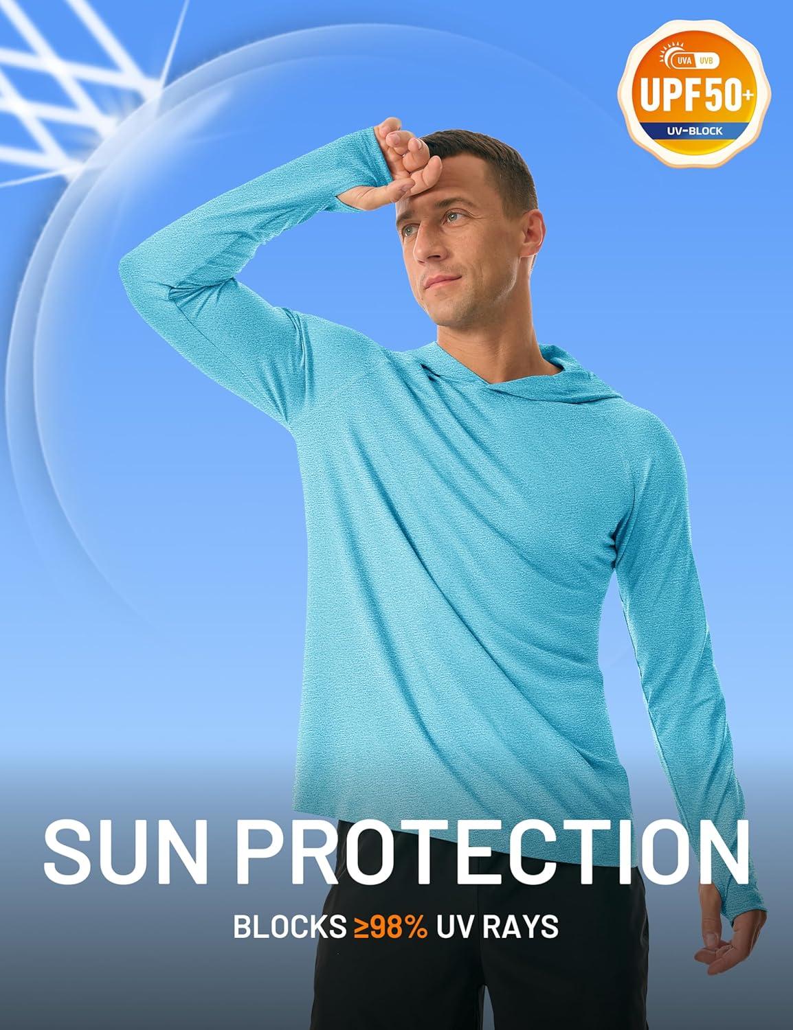 imageMAGCOMSEN Mens Hooded UPF 50 Sun Protection T Shirts Long Sleeve Athletic Fishing Shirts Rash GuardsWater Blue