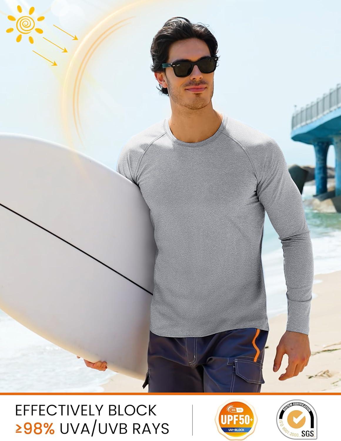 imageMAGCOMSEN Mens Long Sleeve Shirts UPF 50 UV Sun Protection Athletic Shirts for Hiking Running Workout Rash GuardLight Grey