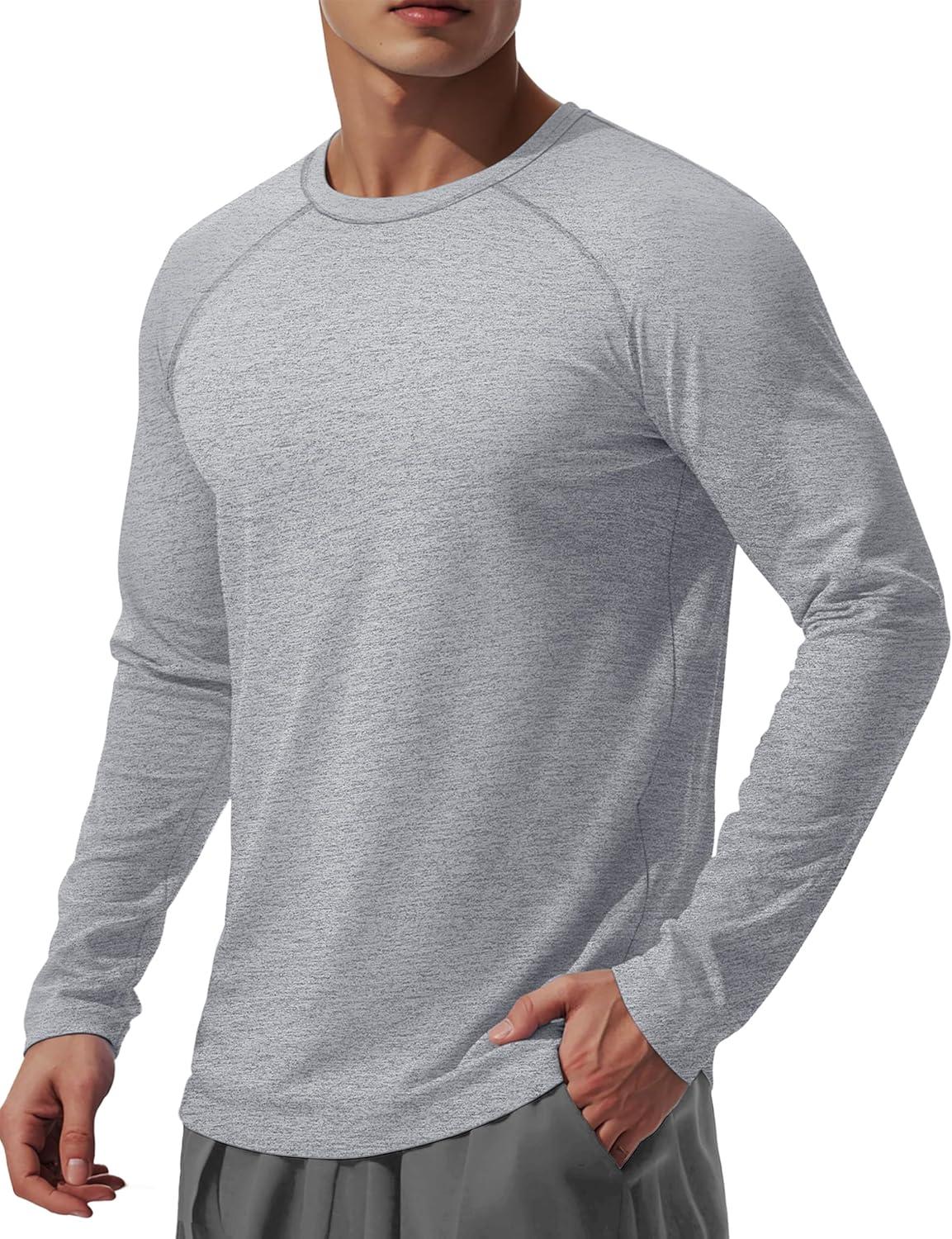 imageMAGCOMSEN Mens Long Sleeve Shirts UPF 50 UV Sun Protection Athletic Shirts for Hiking Running Workout Rash GuardLight Grey