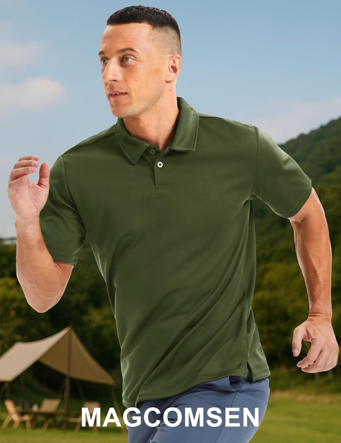 imageMAGCOMSEN Mens Polo Shirts Short Sleeve Collared Performance Dry Fit Breathable Golf Athletic CasualArmy Green