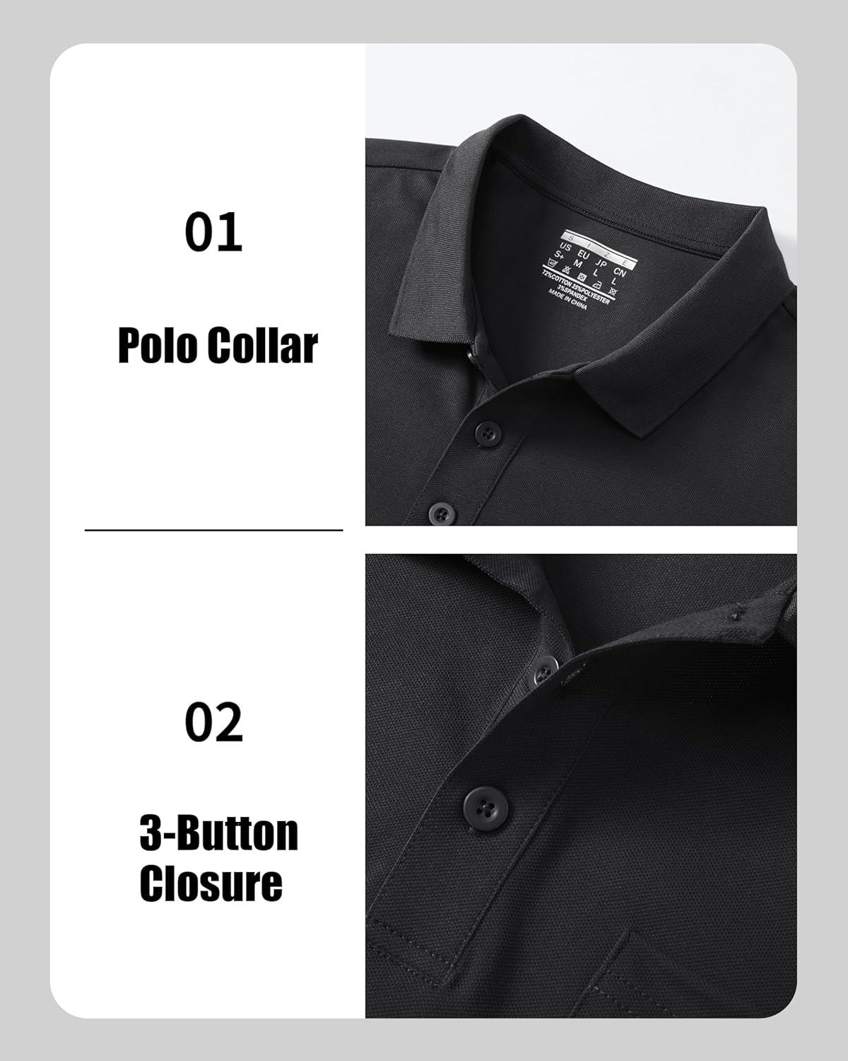 imageMAGCOMSEN Mens Polo Shirts Short Sleeve Cotton Pique Golf Shirts with Pocket Casual Performance Moisture Wicking Polos Black L