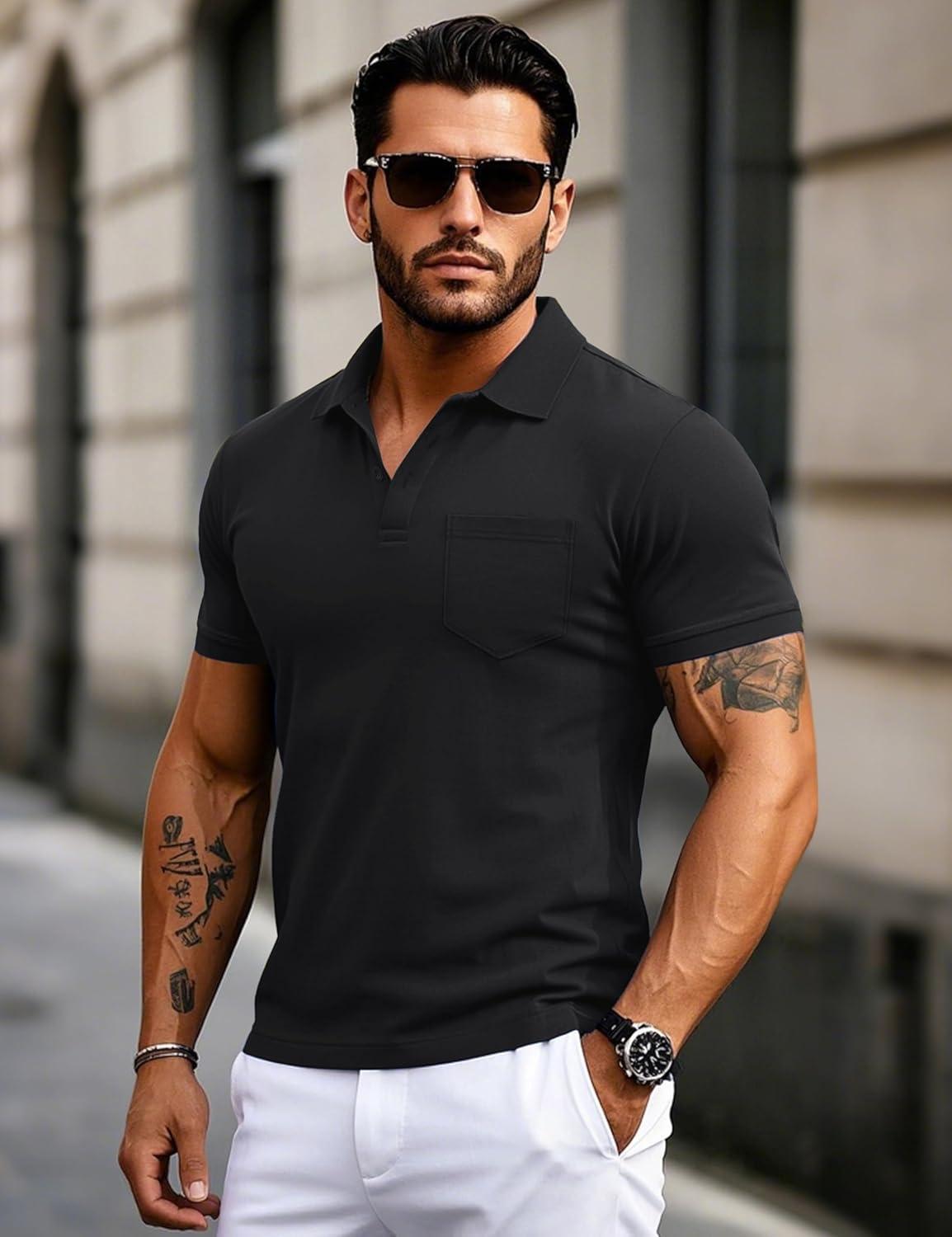 imageMAGCOMSEN Mens Polo Shirts Short Sleeve Cotton Pique Golf Shirts with Pocket Casual Performance Moisture Wicking Polos Black L