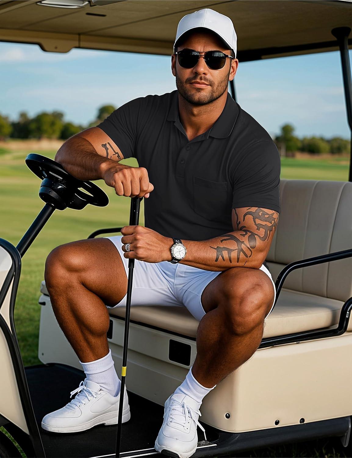 imageMAGCOMSEN Mens Polo Shirts Short Sleeve Cotton Pique Golf Shirts with Pocket Casual Performance Moisture Wicking Polos Black L