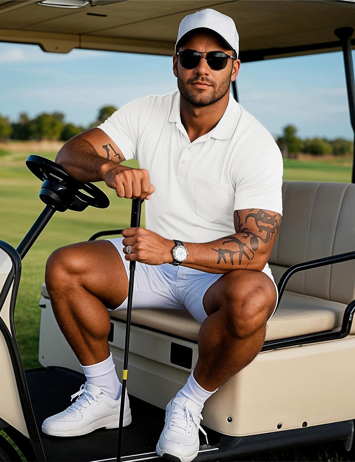 imageMAGCOMSEN Mens Polo Shirts Short Sleeve Cotton Pique Golf Shirts with Pocket Casual Performance Moisture Wicking Polos White XL