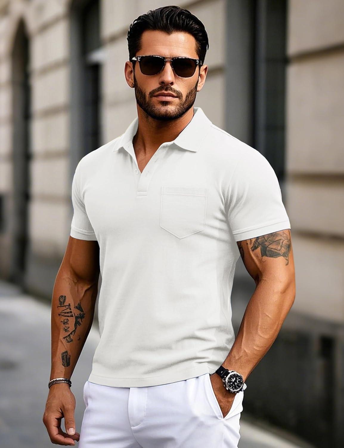 imageMAGCOMSEN Mens Polo Shirts Short Sleeve Cotton Pique Golf Shirts with Pocket Casual Performance Moisture Wicking Polos White XL