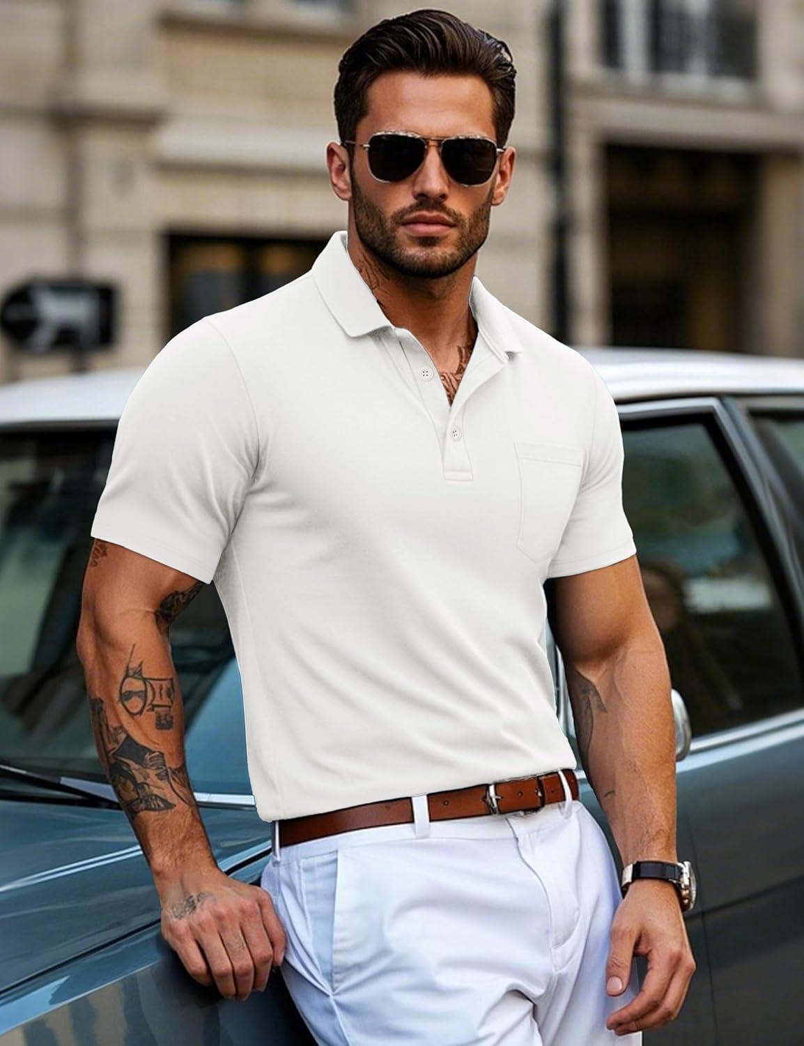 imageMAGCOMSEN Mens Polo Shirts Short Sleeve Cotton Pique Golf Shirts with Pocket Casual Performance Moisture Wicking Polos White XL