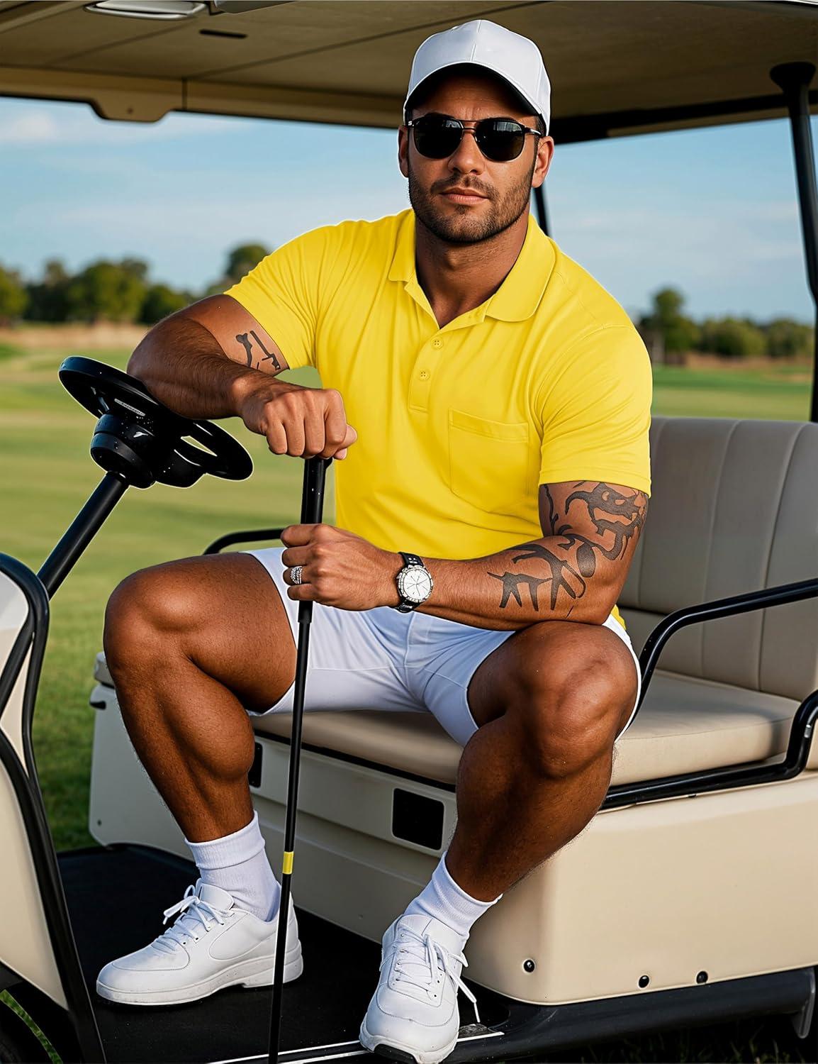 imageMAGCOMSEN Mens Polo Shirts Short Sleeve Cotton Pique Golf Shirts with Pocket Casual Performance Moisture Wicking Polos Yellow XL