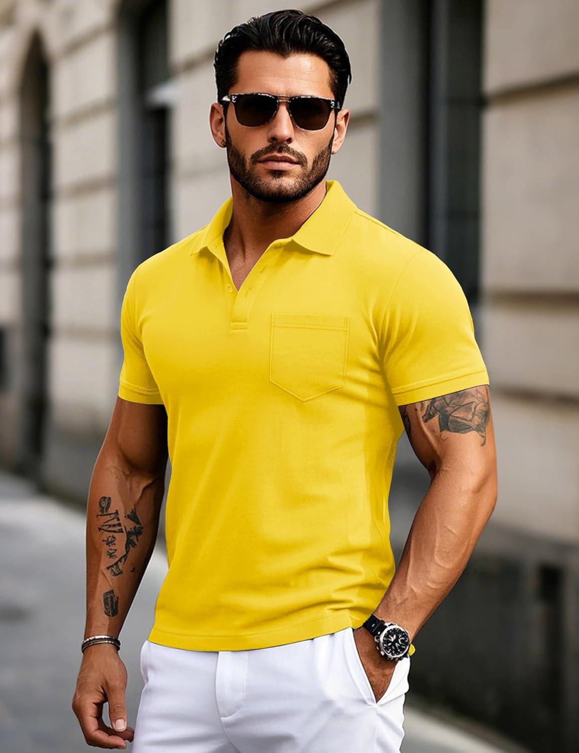 imageMAGCOMSEN Mens Polo Shirts Short Sleeve Cotton Pique Golf Shirts with Pocket Casual Performance Moisture Wicking Polos Yellow XL