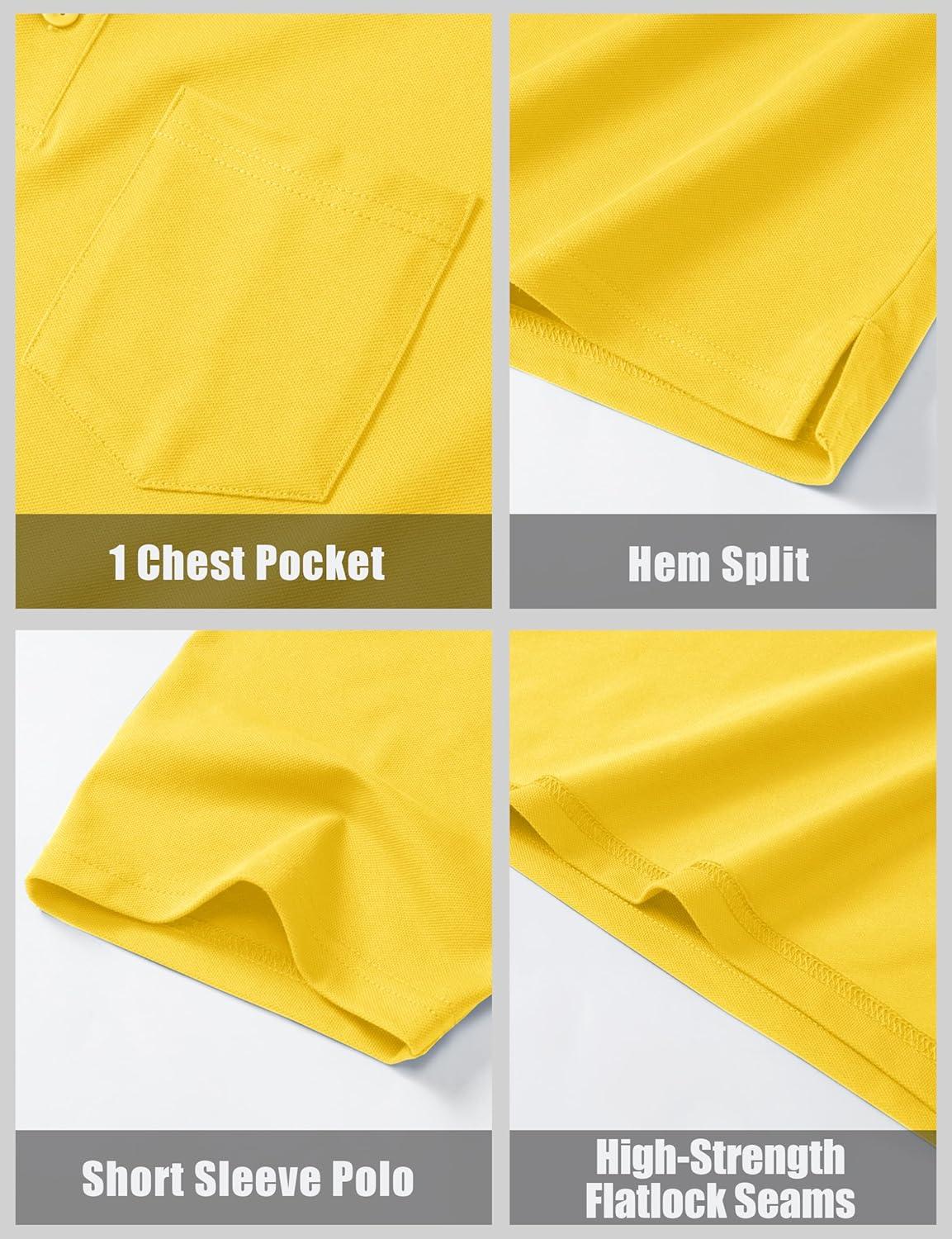 imageMAGCOMSEN Mens Polo Shirts Short Sleeve Cotton Pique Golf Shirts with Pocket Casual Performance Moisture Wicking Polos Yellow XL