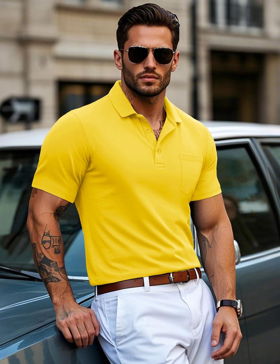 imageMAGCOMSEN Mens Polo Shirts Short Sleeve Cotton Pique Golf Shirts with Pocket Casual Performance Moisture Wicking Polos Yellow XL