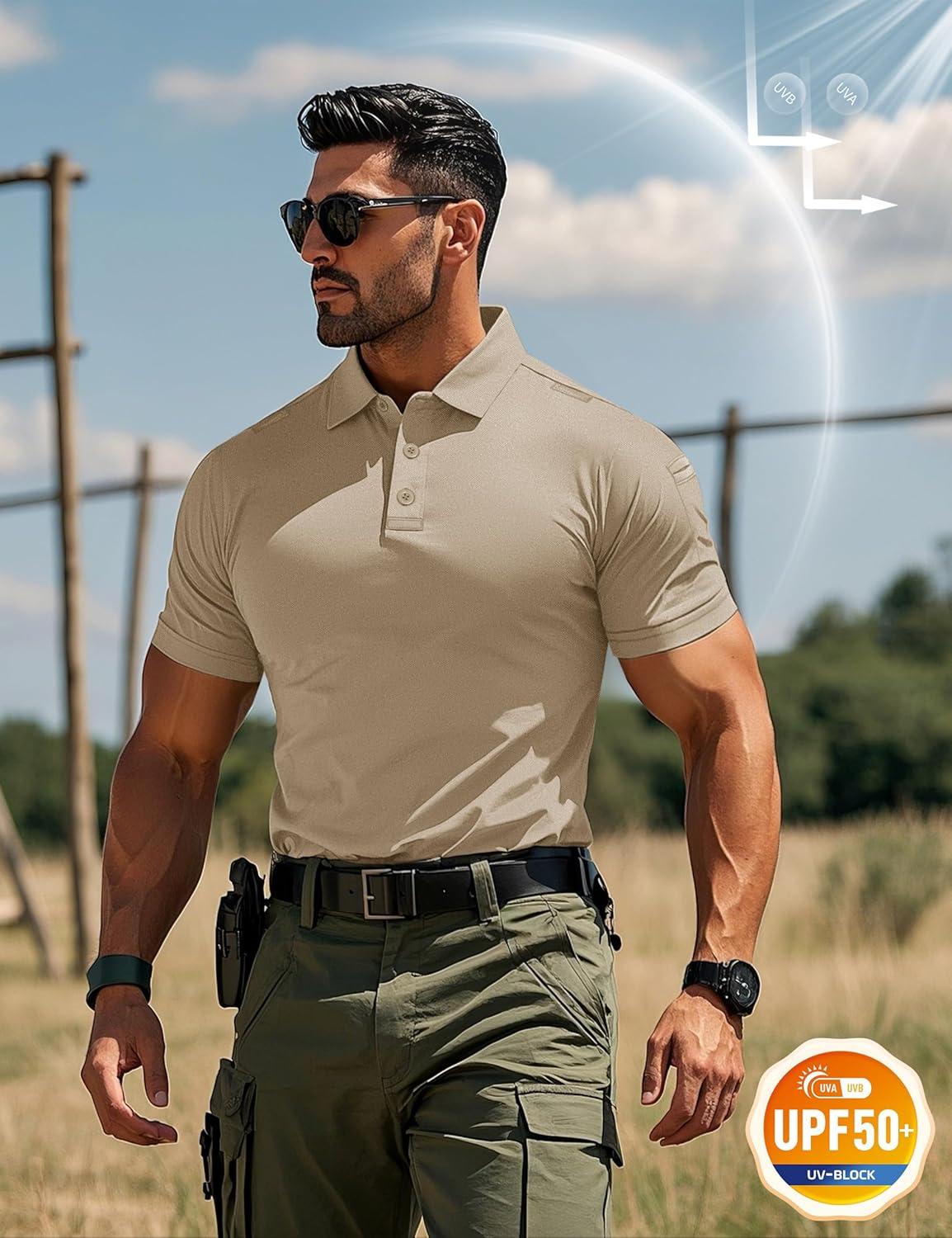 imageMAGCOMSEN Mens Polo Shirts Short Sleeve Quick Dry Performance Tactical Shirt UPF 50 Work Golf Polos Collared ShirtsKhaki