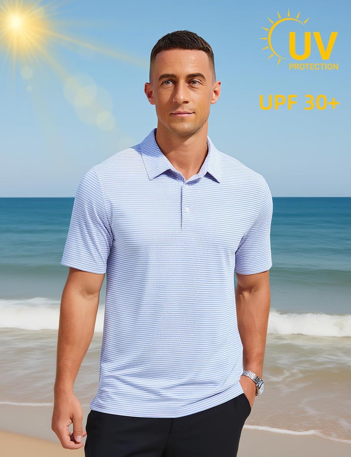 imageMAGCOMSEN Mens Polo Shirts Short Sleeve Striped Golf Polos Dry Fit Casual Performance Collared ShirtNlight Pink