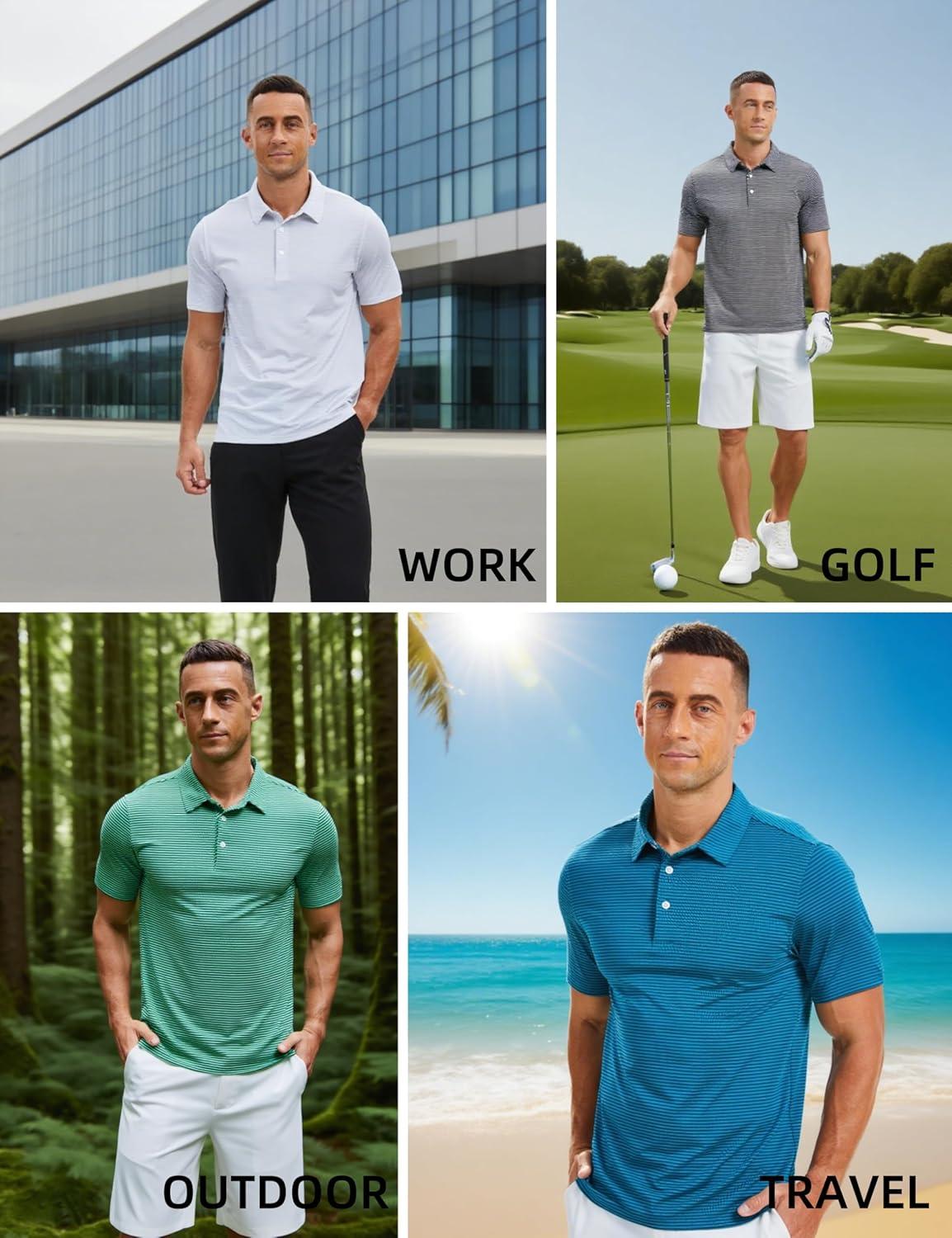 imageMAGCOMSEN Mens Polo Shirts Short Sleeve Striped Golf Polos Dry Fit Casual Performance Collared ShirtStripe Pink