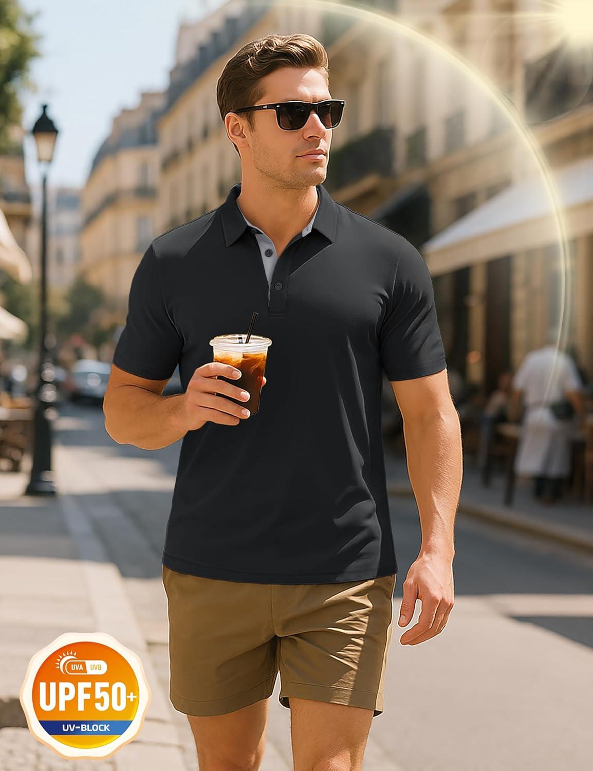 imageMAGCOMSEN Mens Polo Shirts Short Sleeve UPF 50 Dry Fit Performance Golf Shirts Casual Athletic Collared ShirtBlack
