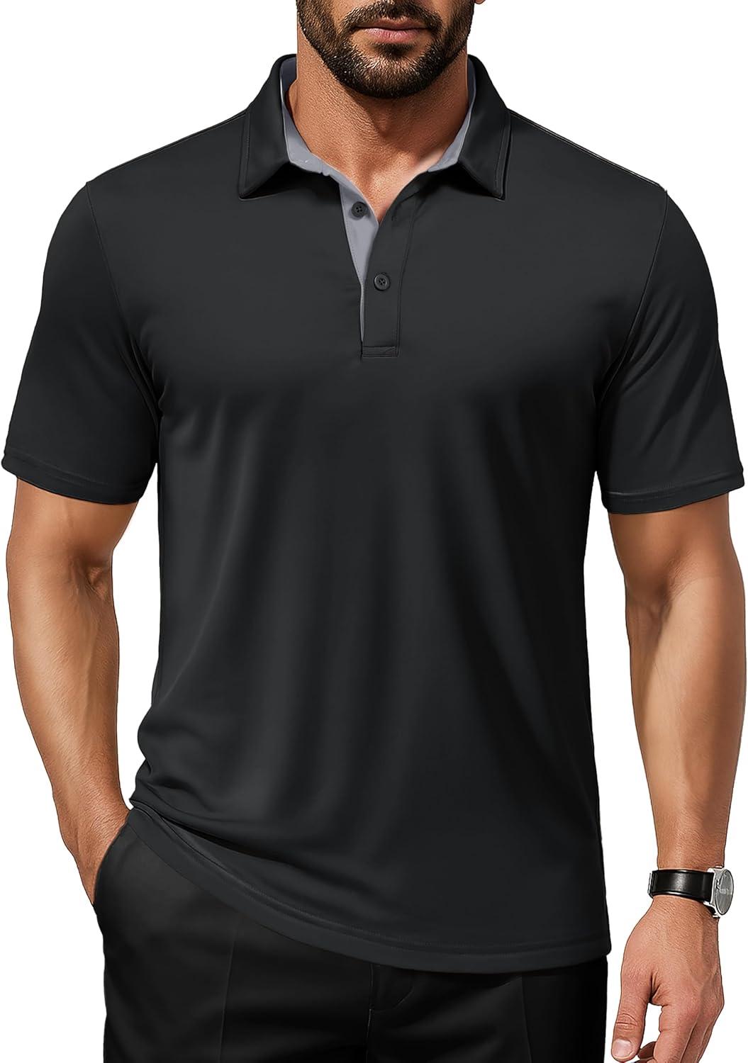 imageMAGCOMSEN Mens Polo Shirts Short Sleeve UPF 50 Dry Fit Performance Golf Shirts Casual Athletic Collared ShirtBlack