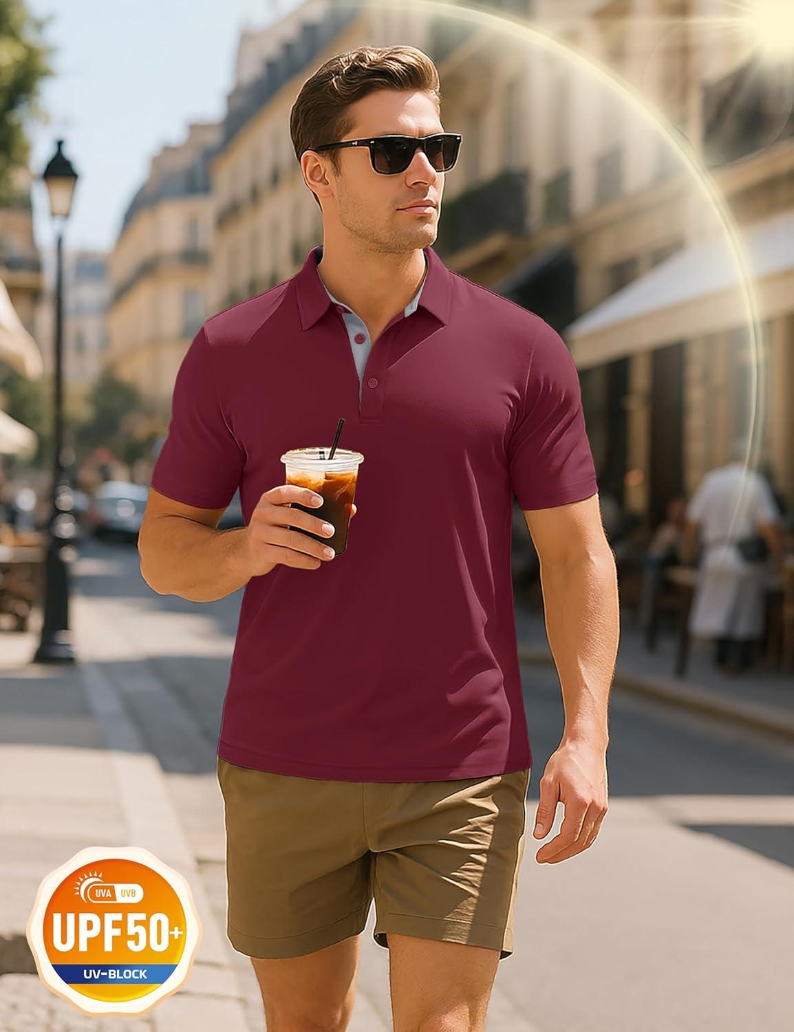 imageMAGCOMSEN Mens Polo Shirts Short Sleeve UPF 50 Dry Fit Performance Golf Shirts Casual Athletic Collared ShirtWine Red