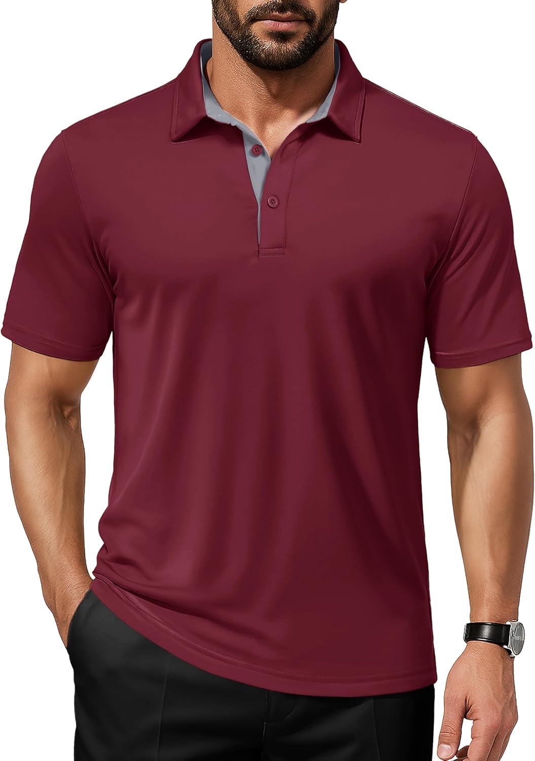imageMAGCOMSEN Mens Polo Shirts Short Sleeve UPF 50 Dry Fit Performance Golf Shirts Casual Athletic Collared ShirtWine Red