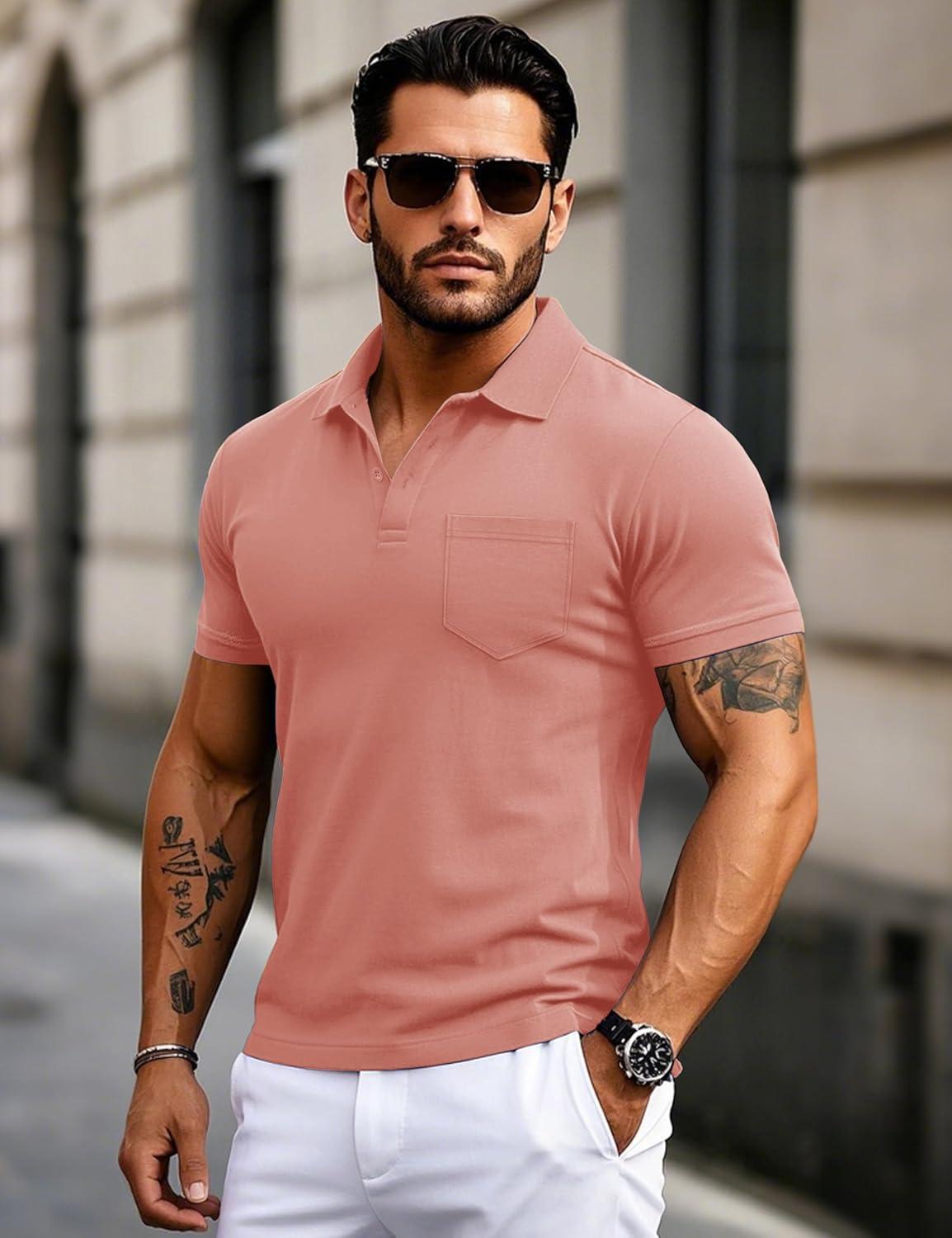 imageMAGCOMSEN Mens Polo Shirts with Pocket Cotton Pique Short Sleeve Collared Shirt Moisture Wicking Golf Shirts 3Button ShirtsGray Pink