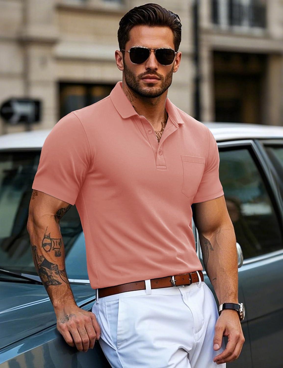 imageMAGCOMSEN Mens Polo Shirts with Pocket Cotton Pique Short Sleeve Collared Shirt Moisture Wicking Golf Shirts 3Button ShirtsGray Pink