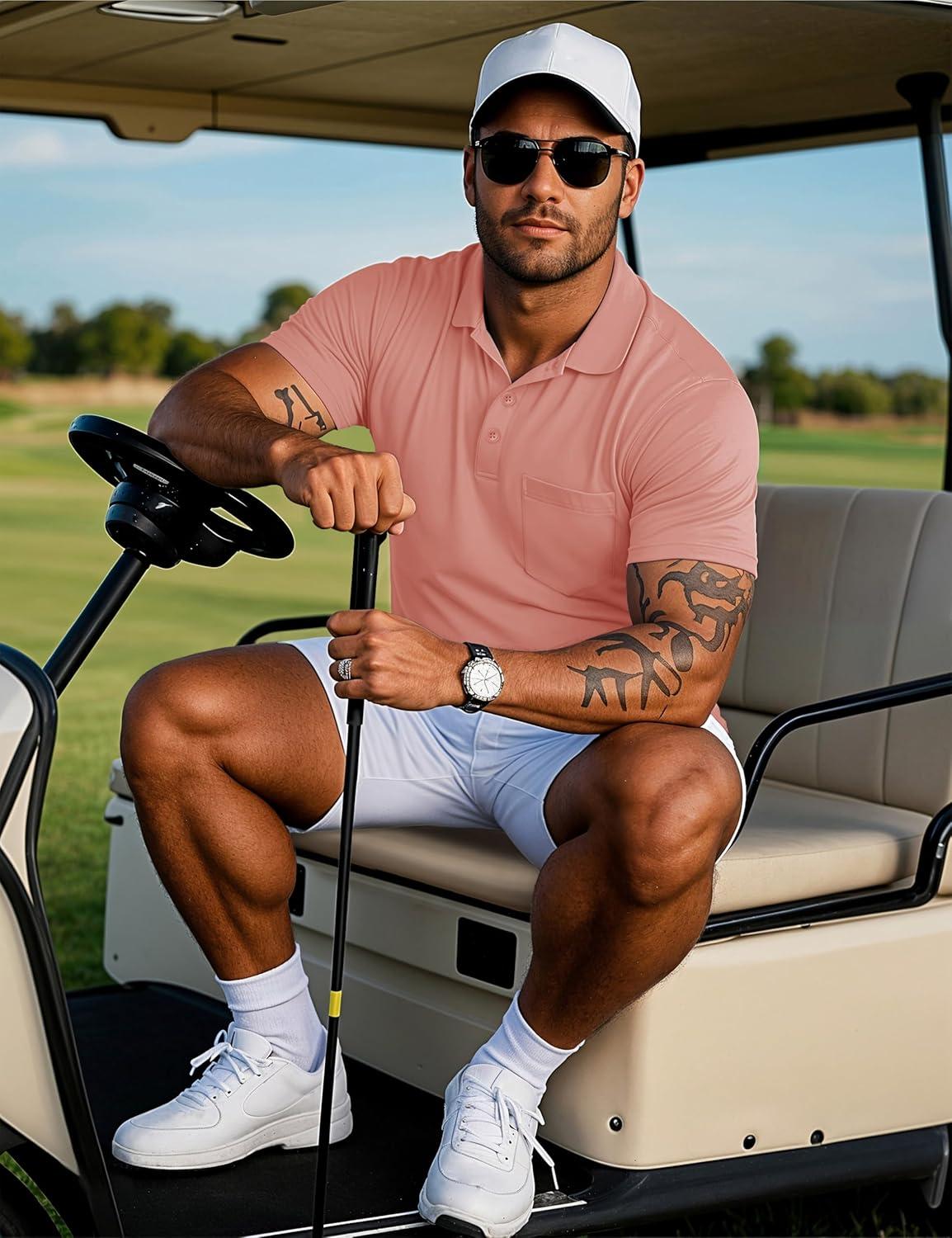 imageMAGCOMSEN Mens Polo Shirts with Pocket Cotton Pique Short Sleeve Collared Shirt Moisture Wicking Golf Shirts 3Button ShirtsGray Pink
