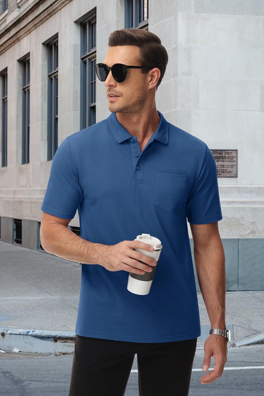 imageMAGCOMSEN Mens Polo Shirts with Pocket Cotton Pique Short Sleeve Collared Shirt Moisture Wicking Golf Shirts 3Button ShirtsGrey Blue