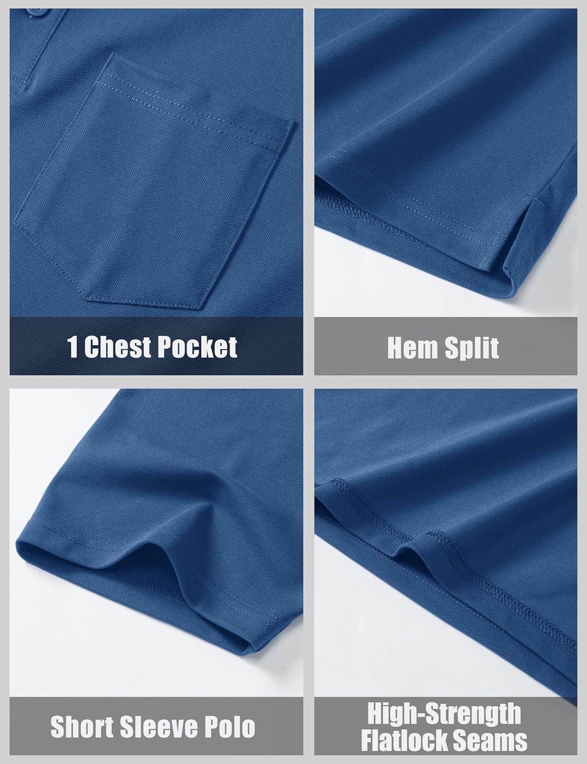imageMAGCOMSEN Mens Polo Shirts with Pocket Cotton Pique Short Sleeve Collared Shirt Moisture Wicking Golf Shirts 3Button ShirtsGrey Blue