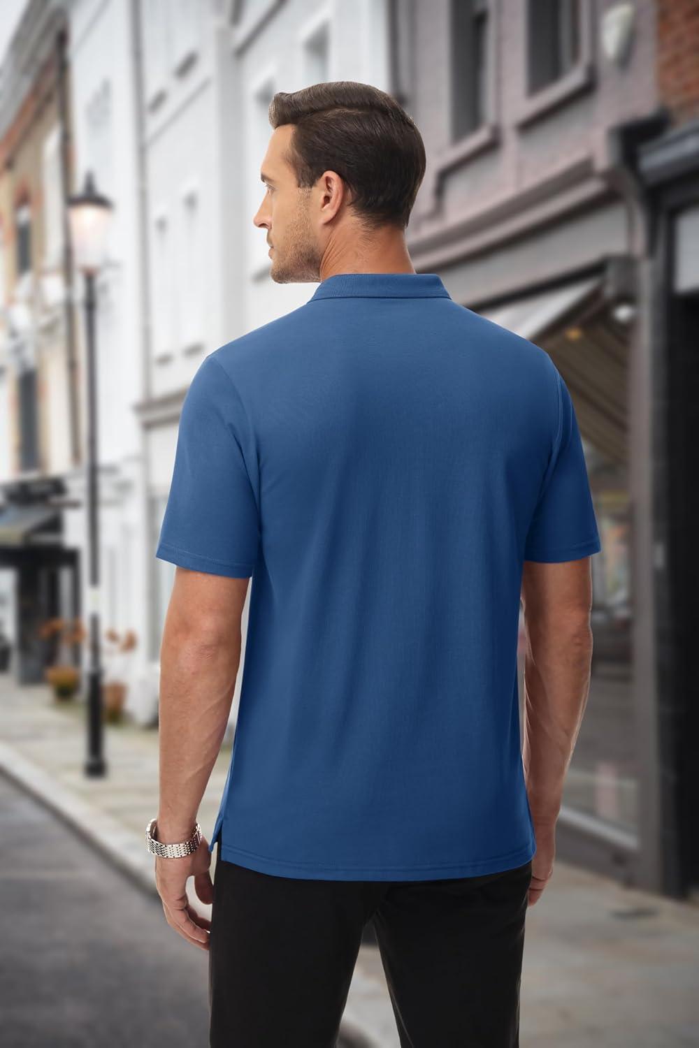 imageMAGCOMSEN Mens Polo Shirts with Pocket Cotton Pique Short Sleeve Collared Shirt Moisture Wicking Golf Shirts 3Button ShirtsGrey Blue