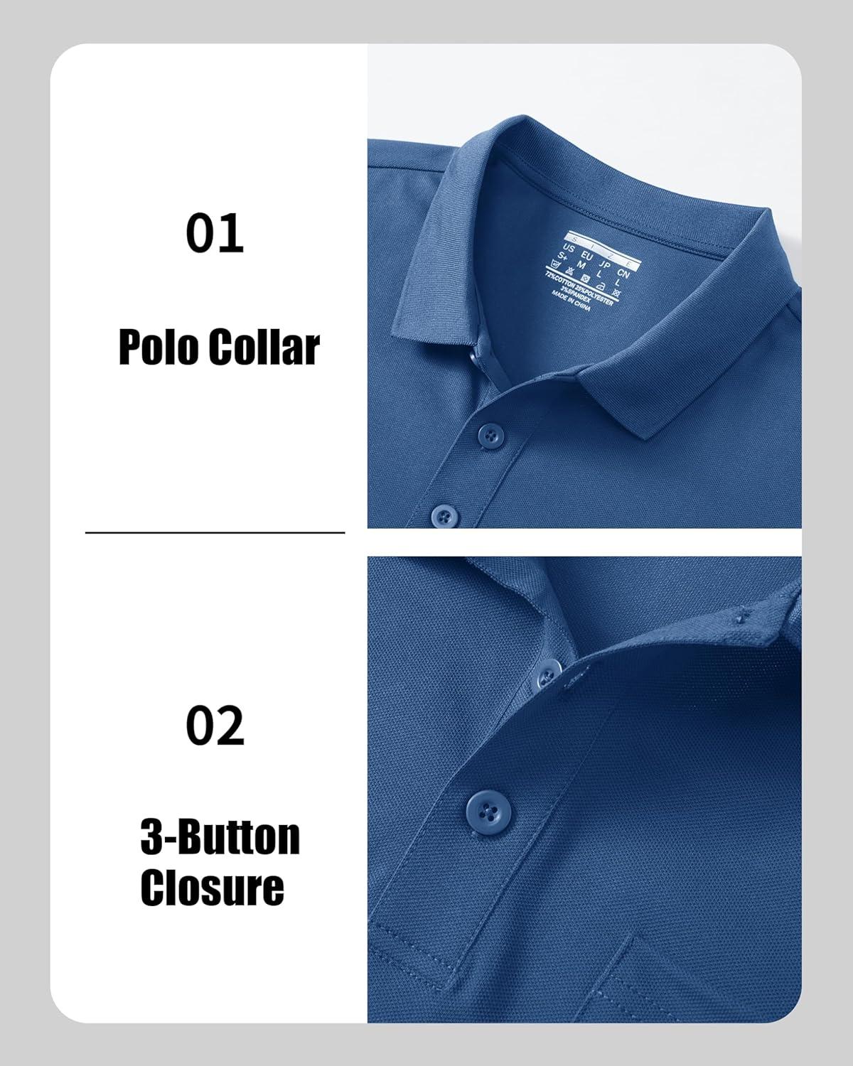 imageMAGCOMSEN Mens Polo Shirts with Pocket Cotton Pique Short Sleeve Collared Shirt Moisture Wicking Golf Shirts 3Button ShirtsGrey Blue