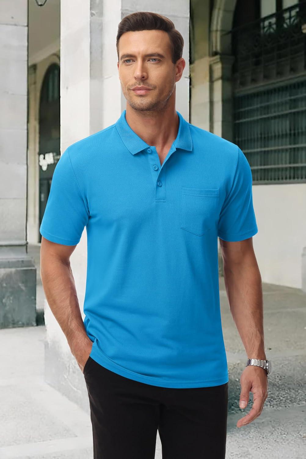 imageMAGCOMSEN Mens Polo Shirts with Pocket Cotton Pique Short Sleeve Collared Shirt Moisture Wicking Golf Shirts 3Button ShirtsGrey Green