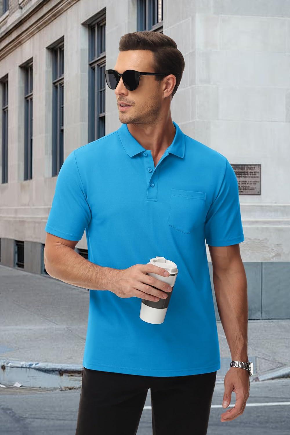 imageMAGCOMSEN Mens Polo Shirts with Pocket Cotton Pique Short Sleeve Collared Shirt Moisture Wicking Golf Shirts 3Button ShirtsGrey Green