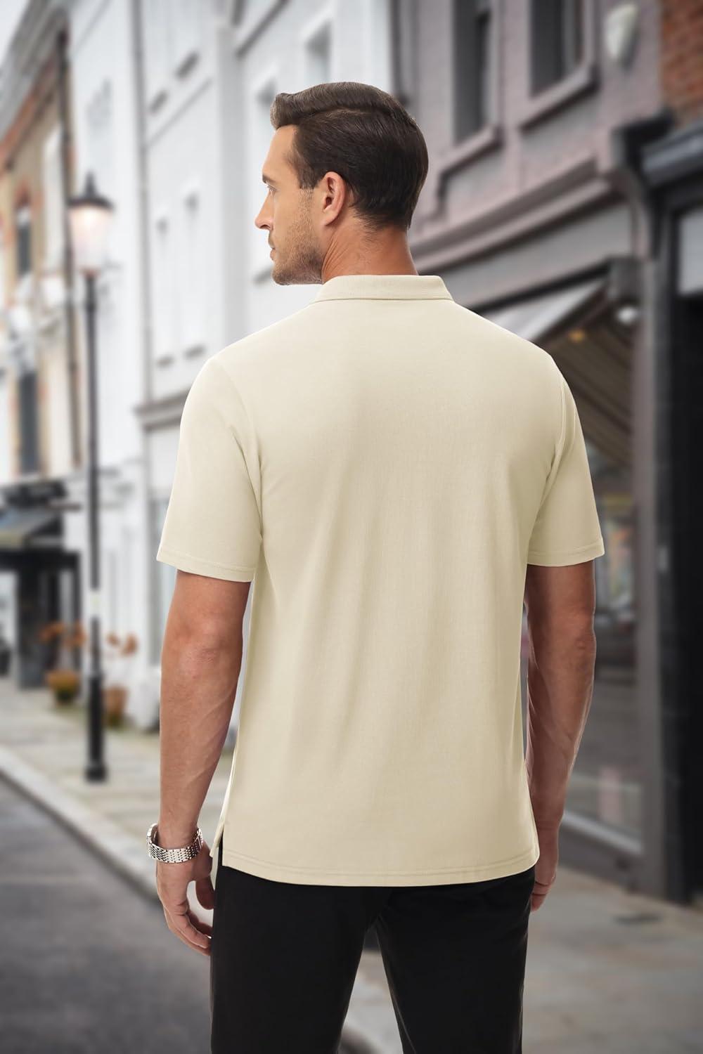 imageMAGCOMSEN Mens Polo Shirts with Pocket Cotton Pique Short Sleeve Collared Shirt Moisture Wicking Golf Shirts 3Button ShirtsKhaki