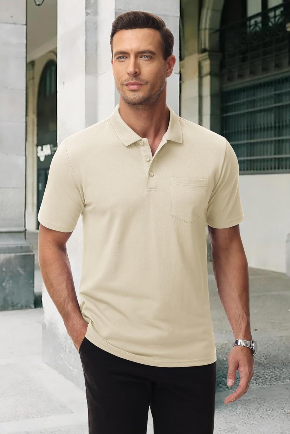 imageMAGCOMSEN Mens Polo Shirts with Pocket Cotton Pique Short Sleeve Collared Shirt Moisture Wicking Golf Shirts 3Button ShirtsKhaki
