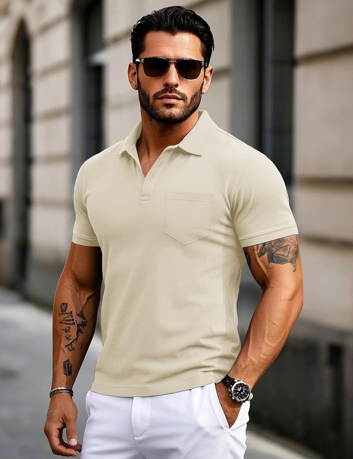imageMAGCOMSEN Mens Polo Shirts with Pocket Cotton Pique Short Sleeve Collared Shirt Moisture Wicking Golf Shirts 3Button ShirtsLight Apricot