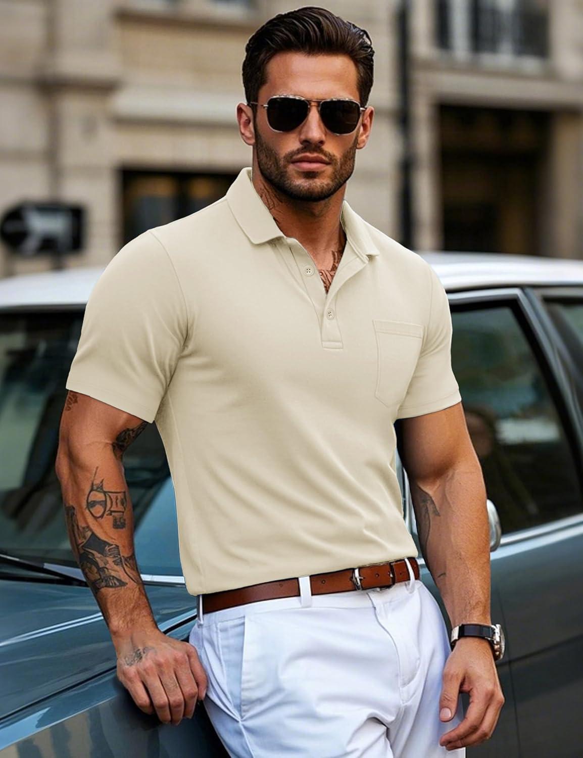 imageMAGCOMSEN Mens Polo Shirts with Pocket Cotton Pique Short Sleeve Collared Shirt Moisture Wicking Golf Shirts 3Button ShirtsLight Apricot