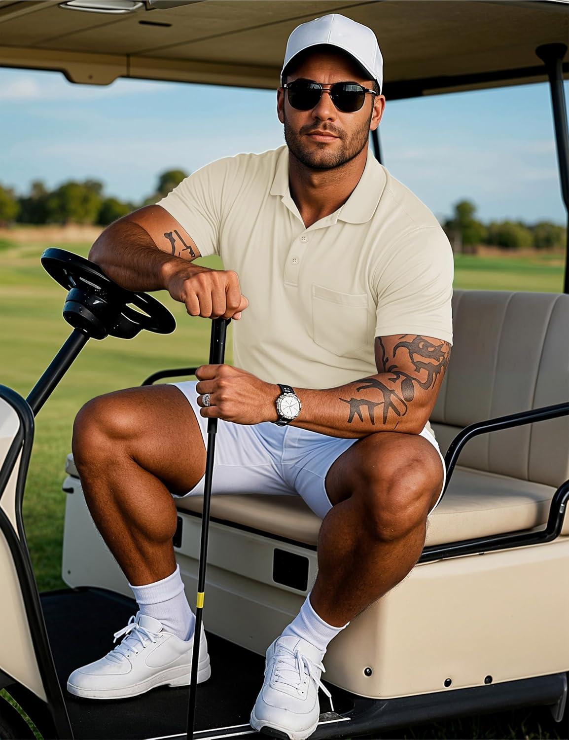 imageMAGCOMSEN Mens Polo Shirts with Pocket Cotton Pique Short Sleeve Collared Shirt Moisture Wicking Golf Shirts 3Button ShirtsLight Apricot